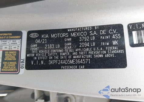 2021 Kia Forte Fe/Lxs из США, поврежденный, VIN 3KPF24AD5ME364571